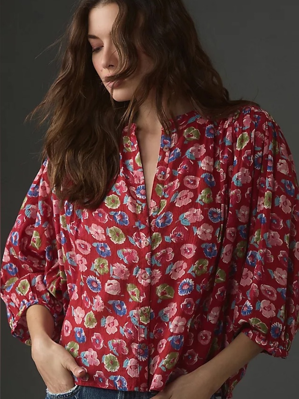 Anthropologie - Pilcro The Sidney Floral Colorful Button Down Batwing Blouse S